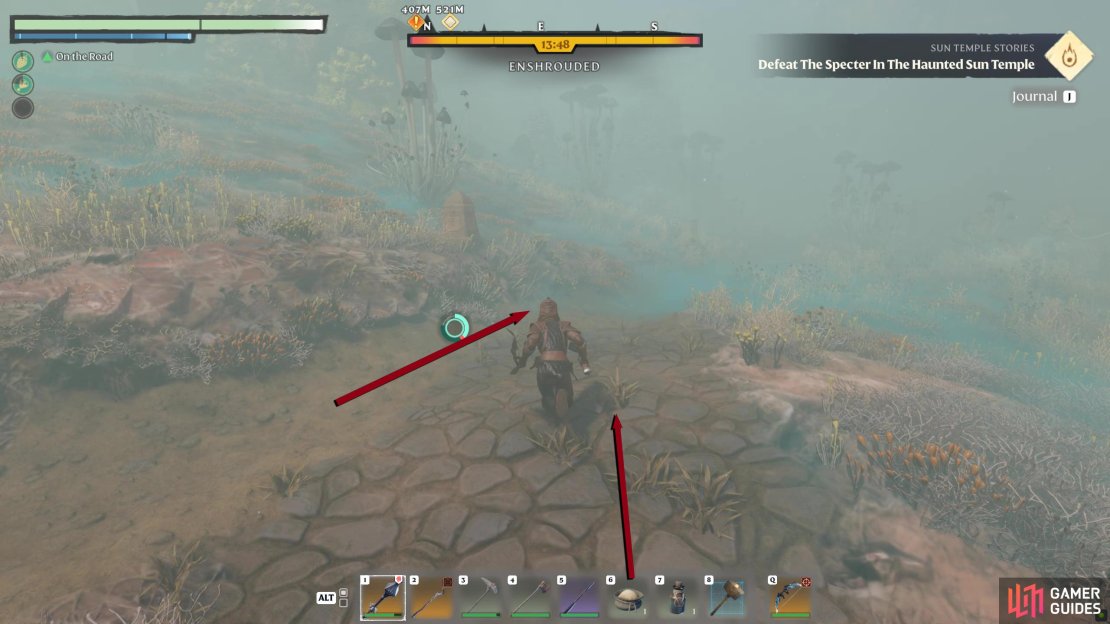 The stone path you&rsquo;re on will converge with a dusty path. Follow the dusty path until the next intersection.