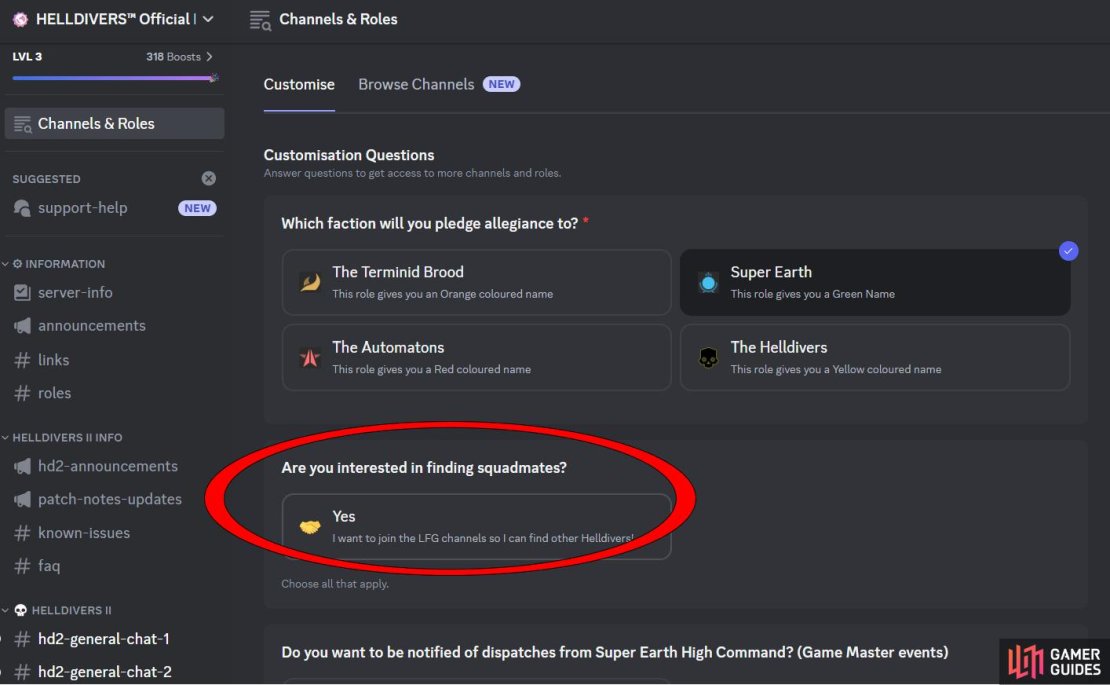 Select &ldquo;Yes&rdquo; to signal that you&rsquo;re interested in finding squadmates in the Helldivers 2 Discord to add the LFG channels.