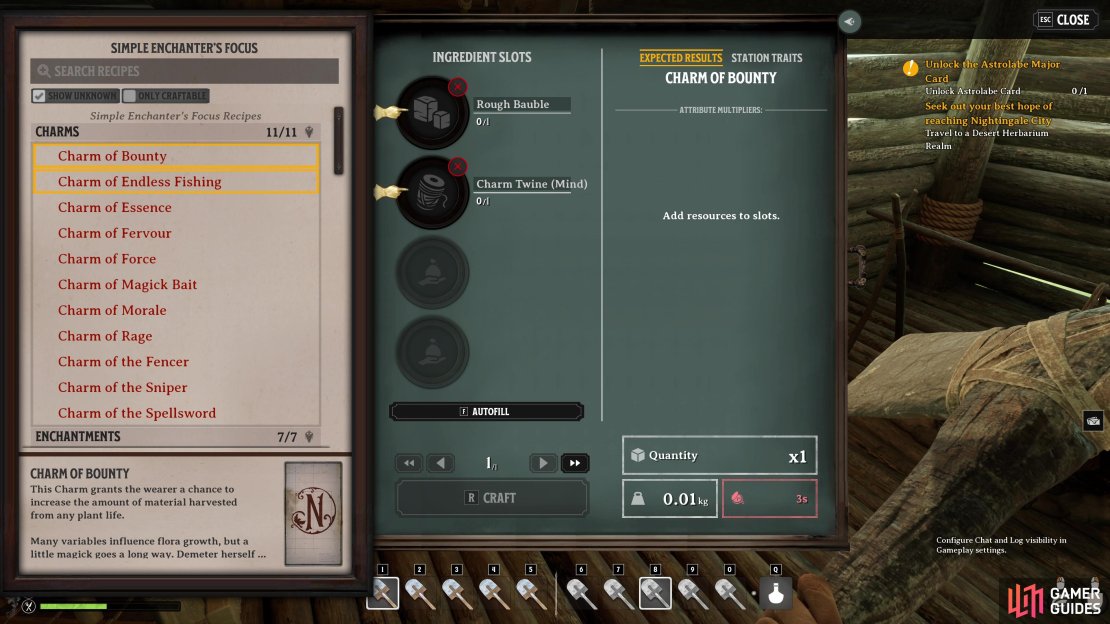You can craft Charms at an Enchanter&rsquo;s Focus in Nightingale.