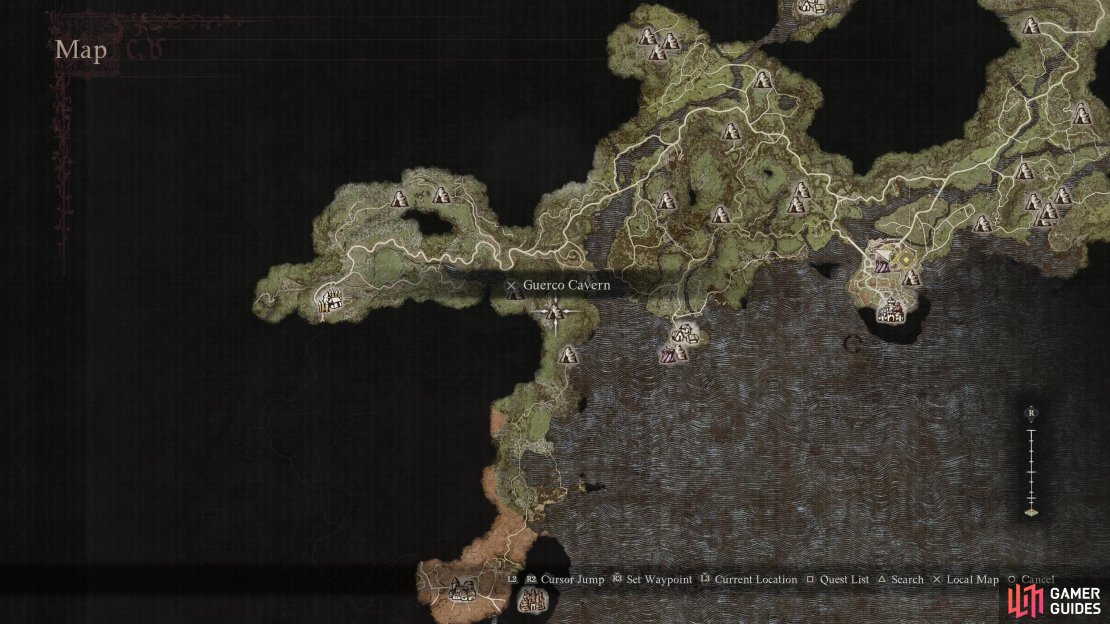 Guerco Cavern can be found between Harve and the Checkpoint Rest Town in Vermund.