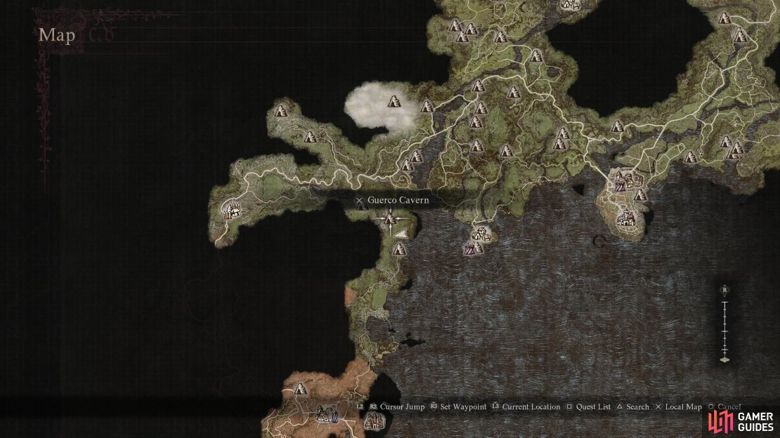 The location of Guerco Cavern&rsquo;s northern entrance on the map.