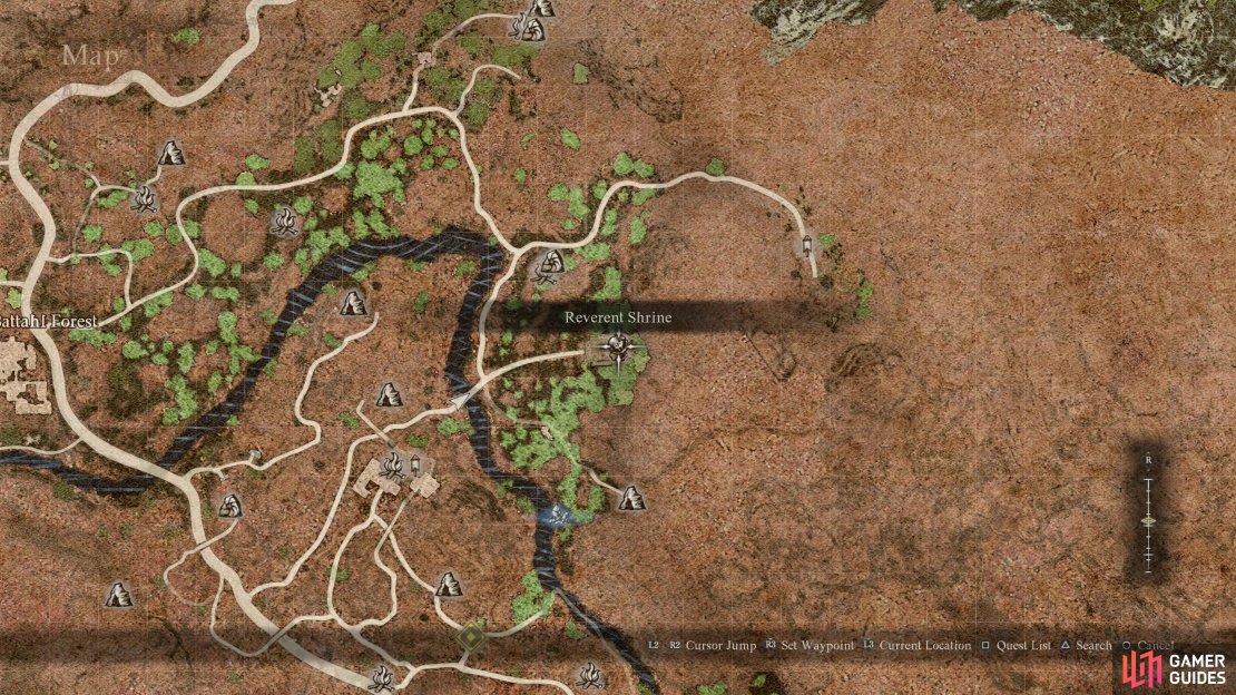 The location of the Reverent Shrine on the map.