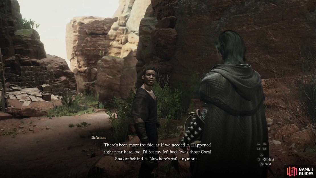 Follow the main road south and chat with Seferinno to learn about the bandit attacks,
