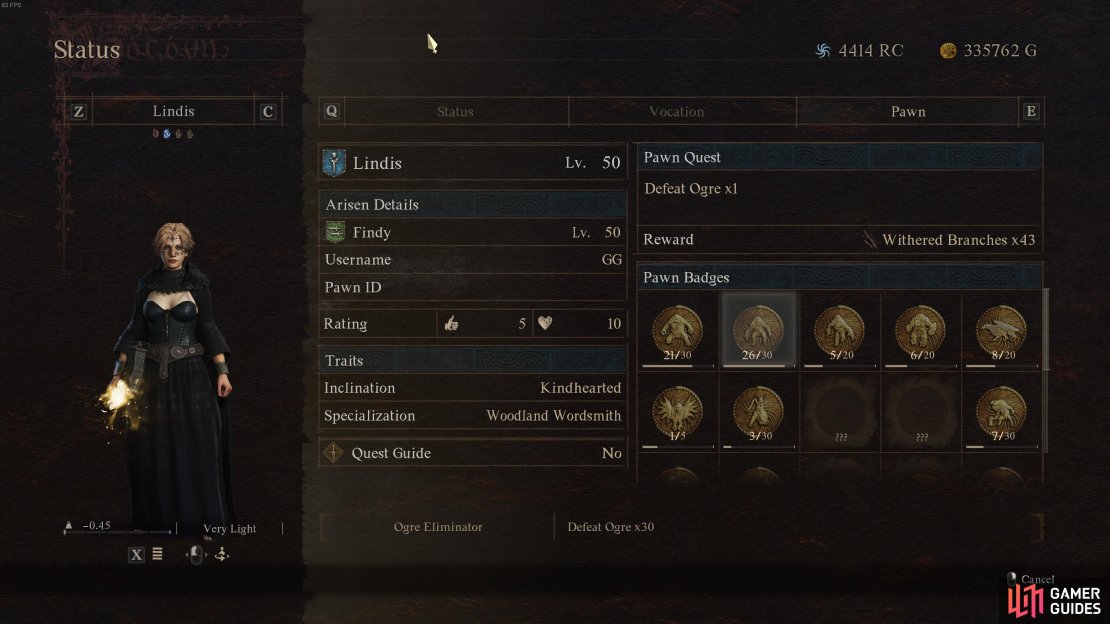 You can check your pawn&rsquo;s status sheet to see the progress of their badges.