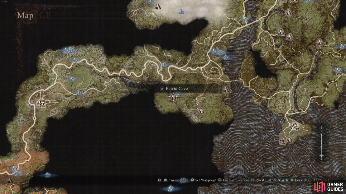 The location of the Putrid Cave, where Rodge can be found, east of Checkpoint Rest Town.