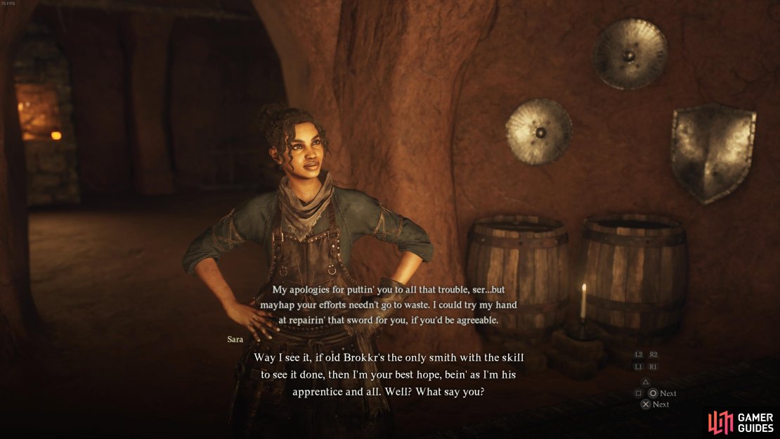 Sara, the apprentice at Brokkr&rsquo;s Smithy, can help you repair the Regalia Sword.