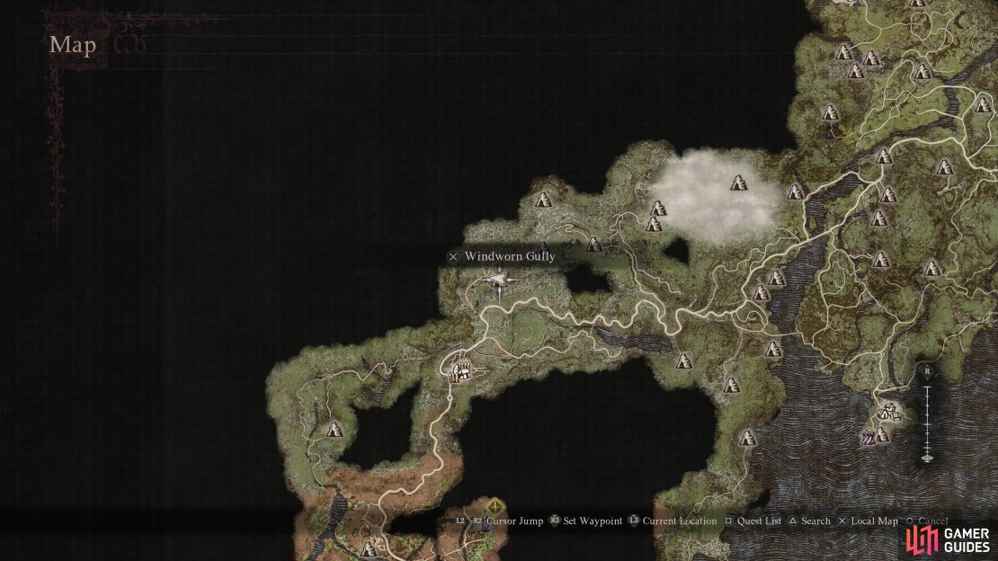 The location of the Windworn Gully dungeon on the map.
