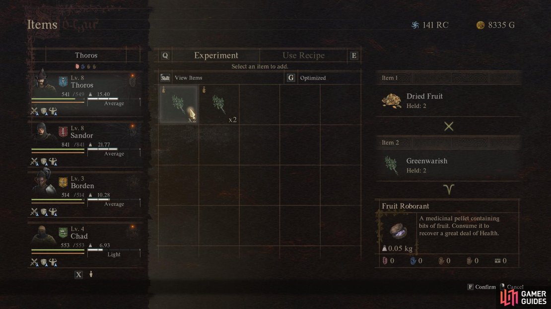 Combining Dried Fruit and Greenwarish allows you to make Fruit Roborant in Dragon&rsquo;s Dogma 2.
