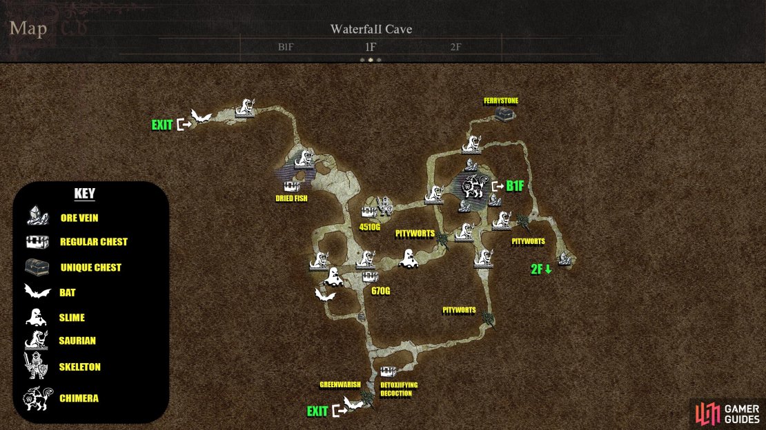 When you enter the cave, you&rsquo;ll be at the south exit if you follow our directions. In the far east is where you can get to the second floor.