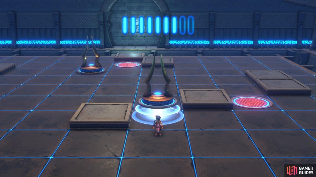 For the second puzzle, move the statue on the right to the left, up, left and up onto the upper switch.