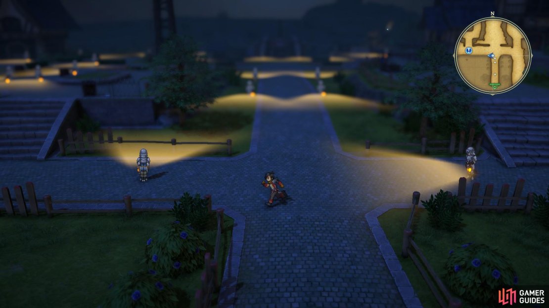 Wait for guards to turn away and run past.