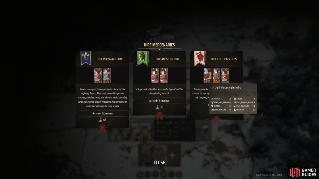 Open up the mercenary menu by going to the army panel and selecting the coin icon. This brings you to the hire mercenaries menu to recruit a sellsword army.