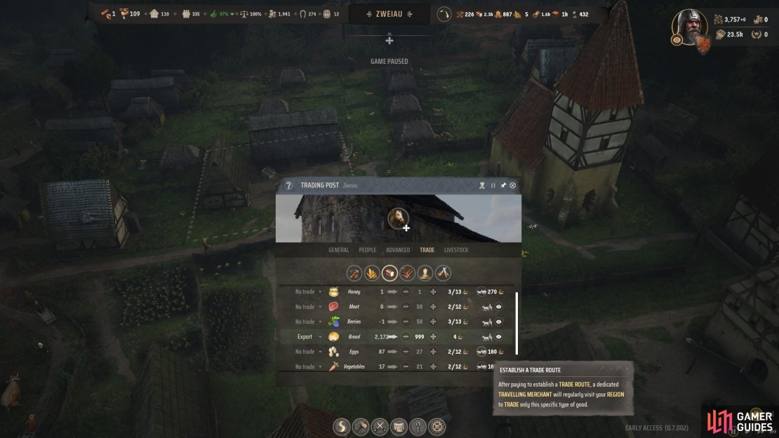 You can create trade routes at the trading post buildings, and then monitor where traders are via the eyeball icon to see when you&rsquo;re next buyer or seller is on the way.