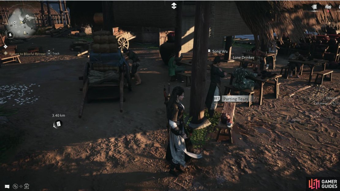 The easiest Parting Tear location is by the actual tavern area at the front of the village. Image via Gamer Guides / NetEase.