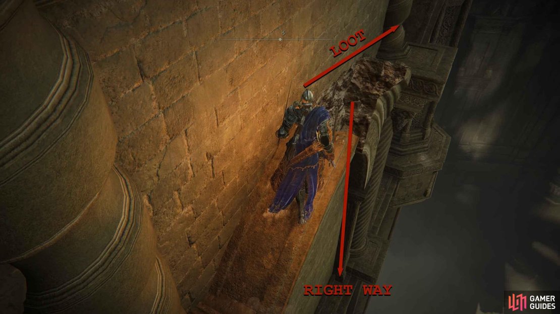Head along the ledge until you reach a gap. Over the gap is some loot, below is the correct way.