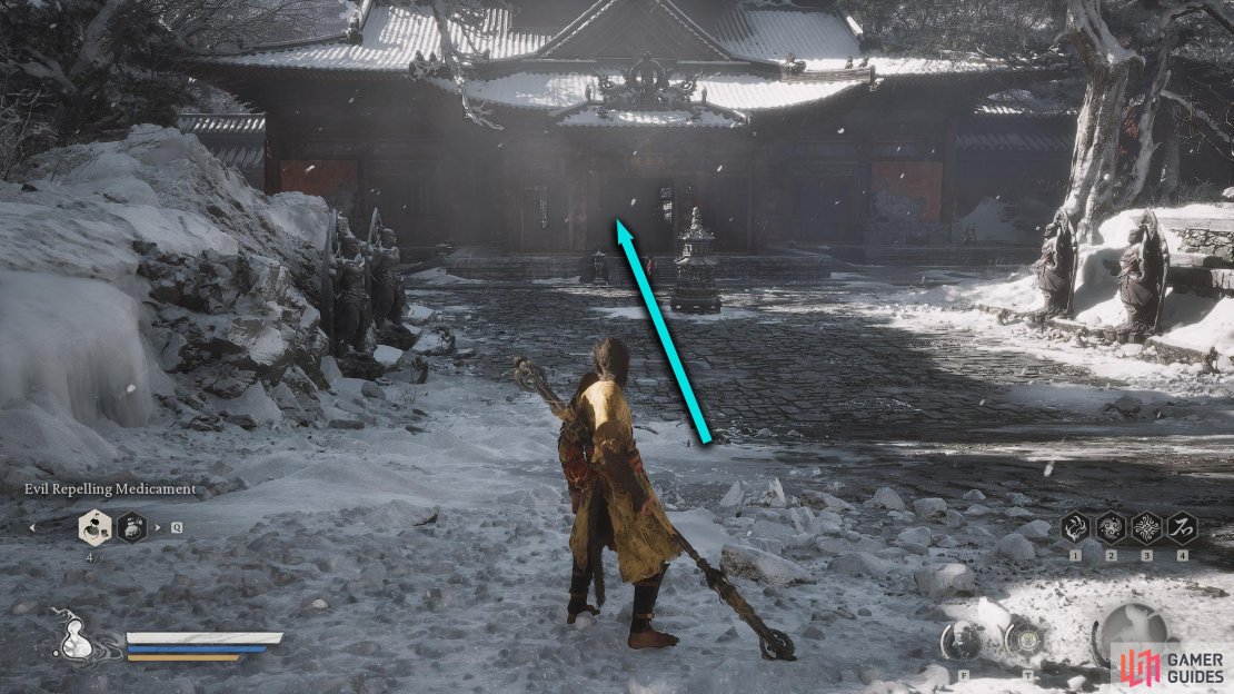 Head through the temple and exit the other side.