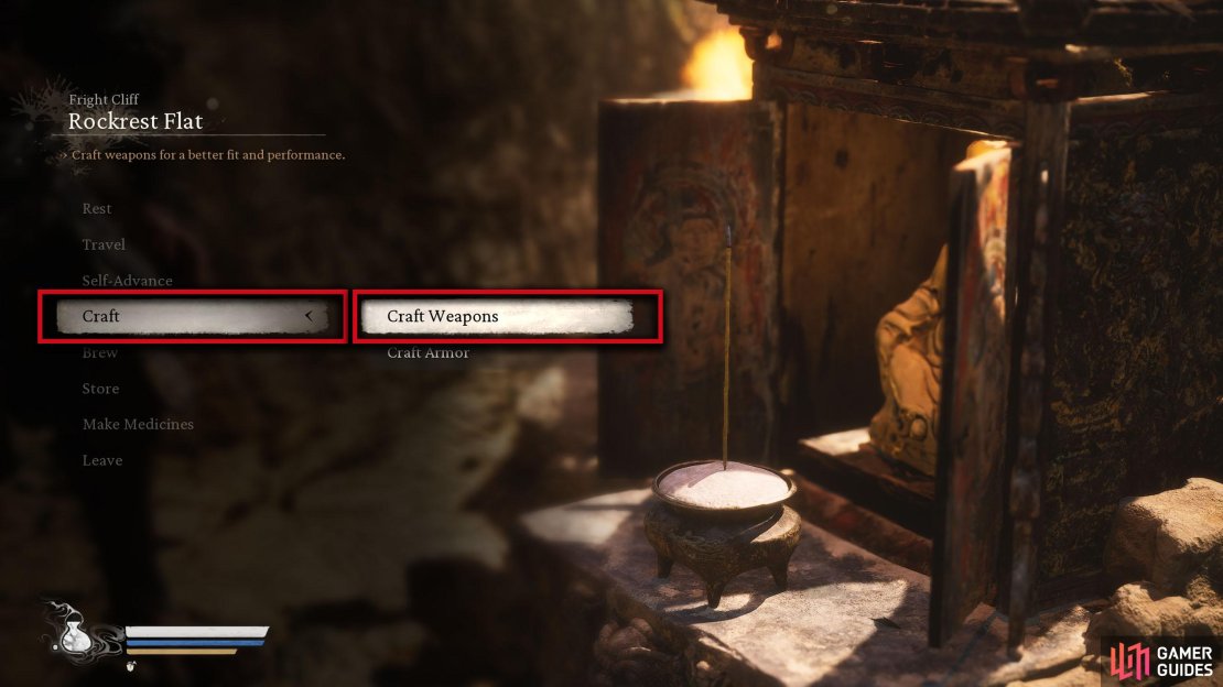 At a Shrine, select &ldquo;Craft&rdquo; followed by &ldquo;Craft Weapons&rdquo;.