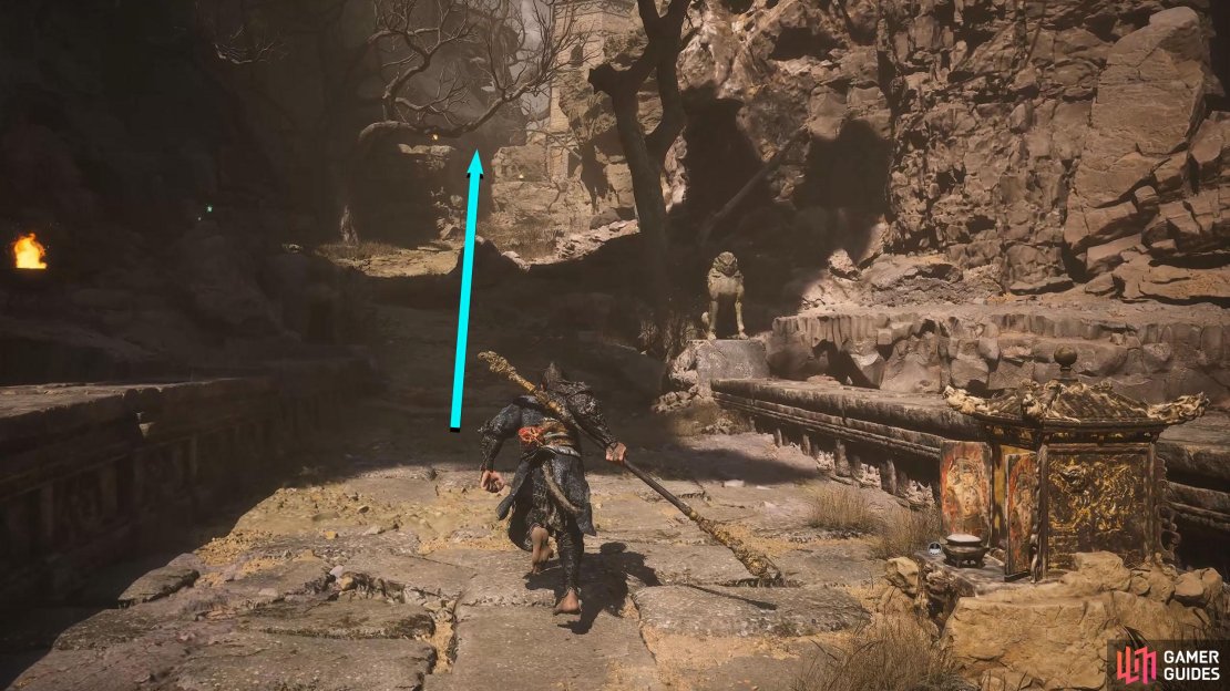 Follow the path up, left from the Shrine.
