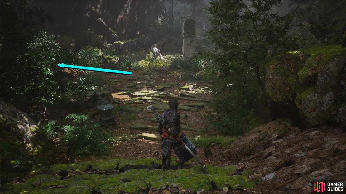 From the Shrine, take the stairs down until you reach a stone pillar with an enemy nearby and take the left path.