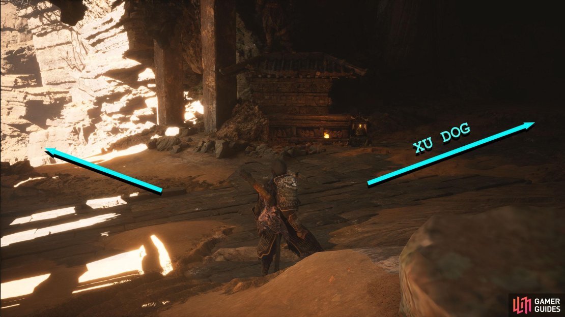 At the Shrine, the right path will take you to Xu Dog, where you can complete his quest. Left will lead to the Meditation Spot.