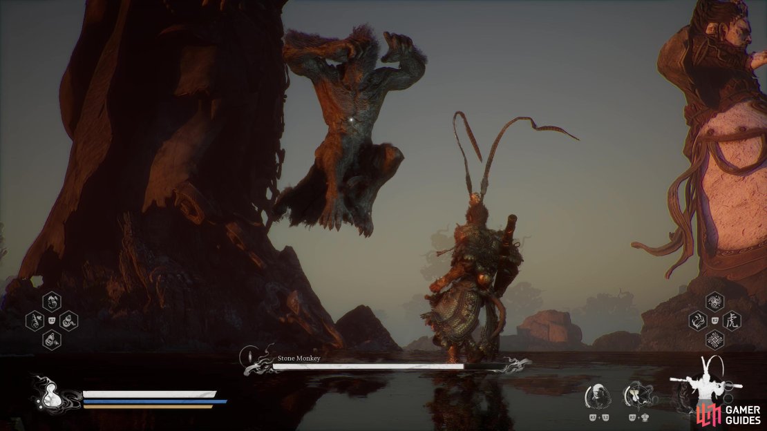 After an initial kick out, the Stone Monkey will leap toward you to perform a heavy stomp.