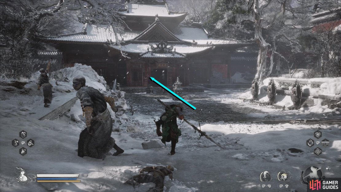 From the Shrine, head into the temple, and go to past the left side of the statue to exit out the back.