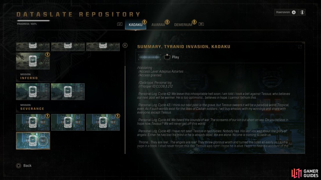 You can check your progress via the &ldquo;Dataslate Repository&rdquo; on the Battle Barge.