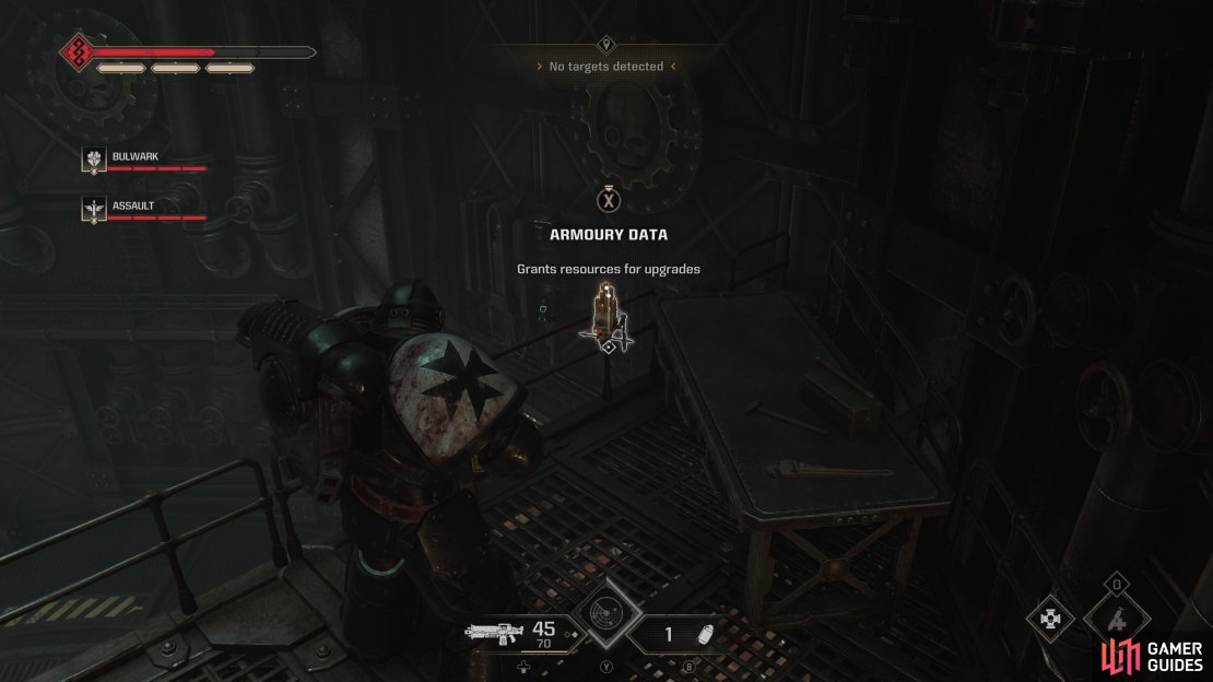Find Servo-Skulls containing Armoury Data during Operations Mode missions,