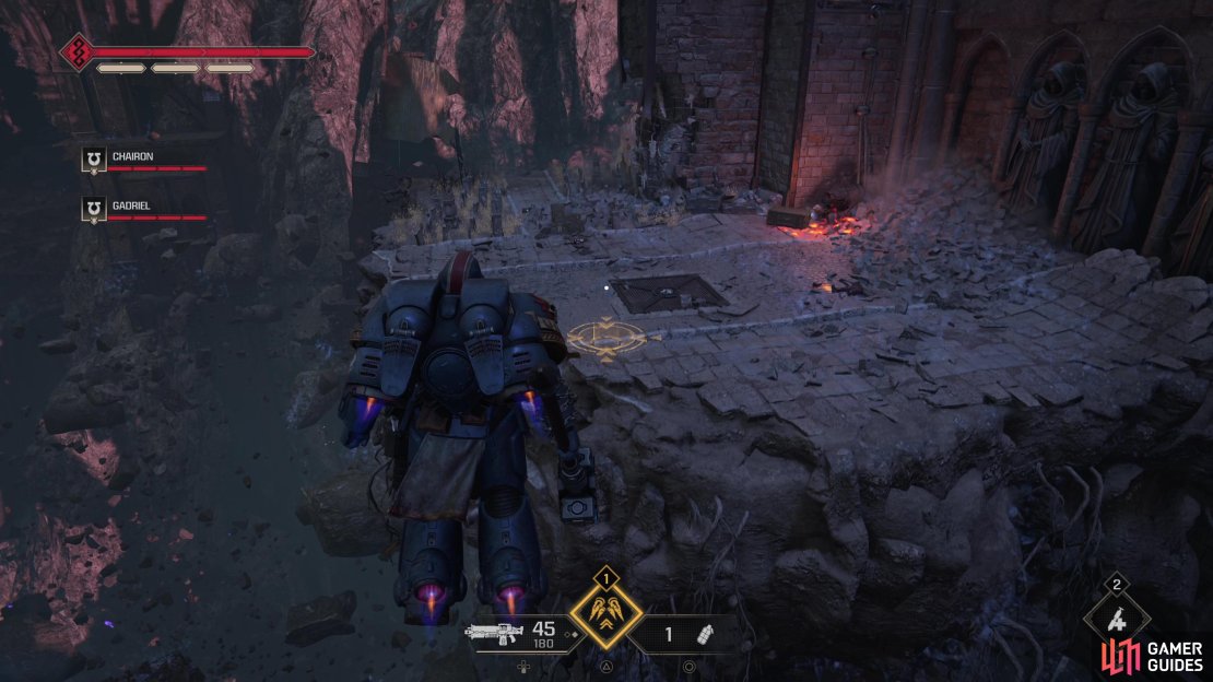 Fight and jump your way through the start of the level until you find a grave island with a burning Ammo Cache on it.