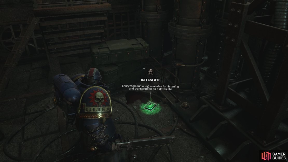 Ride down an elevator after battling a Carnifex, and when you see some Tyranids being burned, turn left and search the ground behind some sandbags to find this mission&rsquo;s final Dataslate.