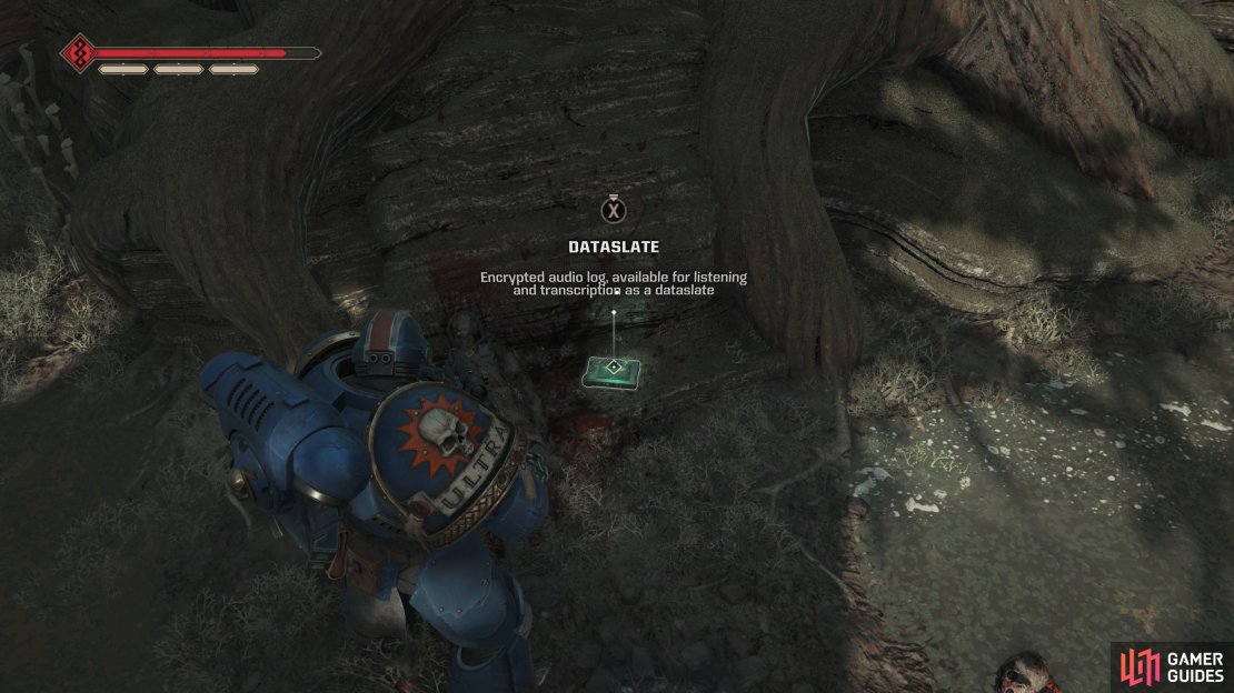 Drop down a ledge near a tower and search near a corpse to find the Dataslate &ldquo;Admission of Desertion&rdquo;.