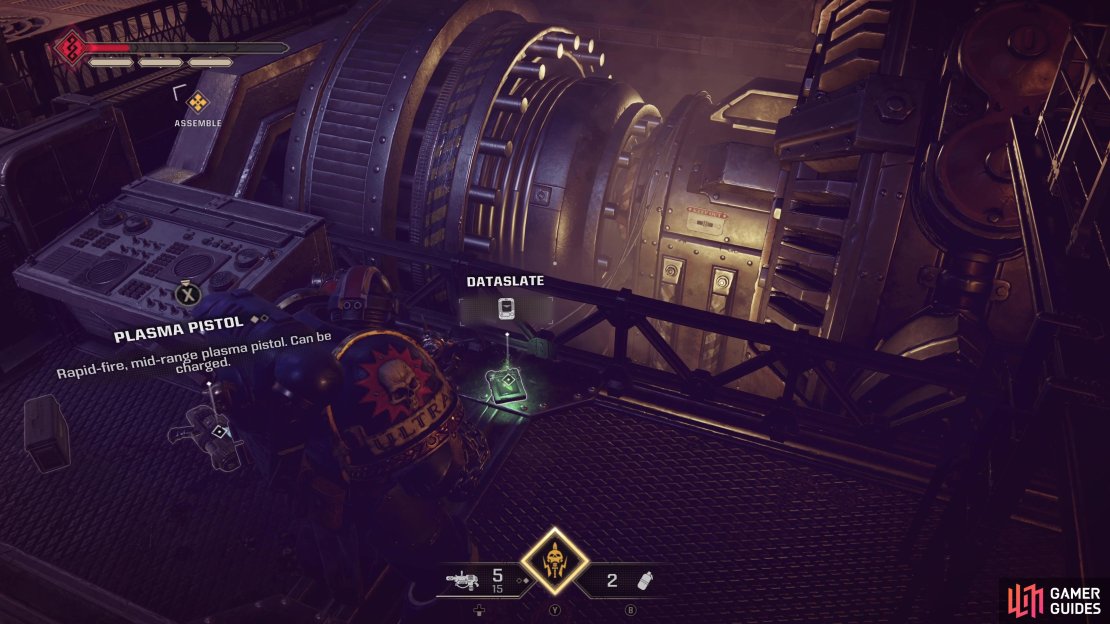 Reach the elevator leading up to the Orbital Guns Facility and search near the corpse of a tech-priest to find the Dataslate &ldquo;Desired Purgation of Data&rdquo;.