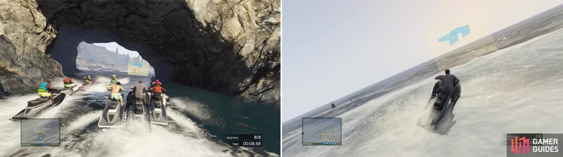 Try not to get bunched up with the others here. If you are behind them, wait until you&rsquo;re through before you make your move or you could hit the rocks (left). Try not to turn too sharply unless you need to because it slows you down a lot (right).