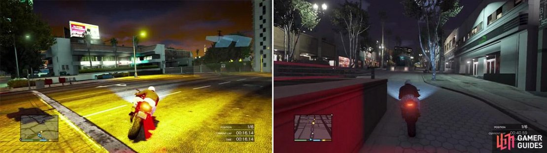 You can easily miss this checkpoint unless you take a wide angle or use Franklin&rsquo;s ability (left). This avenue is pretty hard to pass through at high speed. Stay on the left to avoid the trees (right).