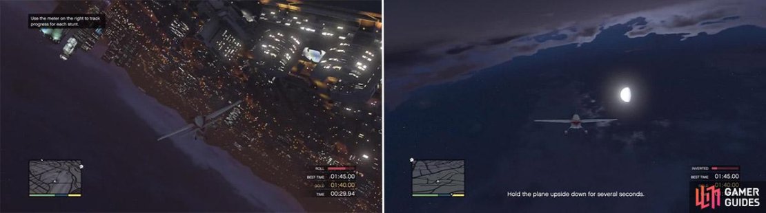 The stunt meter is an excellent way to gauge how much further you must go to complete the stunt (left). Flying upside down is weird. The controls are reversed so don&rsquo;t try and do the same thing or you&rsquo;ll plummet into the ground and make a nice pancake on the floor (right).