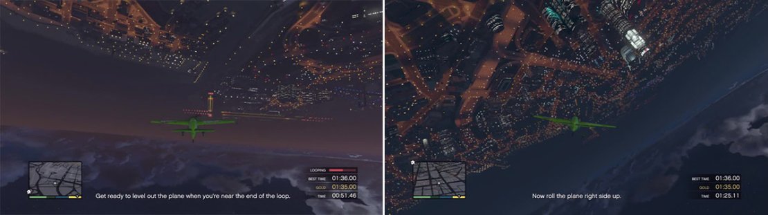 Keep a watchful eye on the stunt meter as you do the loop. You must keep it going until Jackson tells you to level out (left). Watch the stunt meter to know exactly when you&rsquo;re fully inverted and then simply do a barrel roll from this position to execute the roll off the top successfully (right).