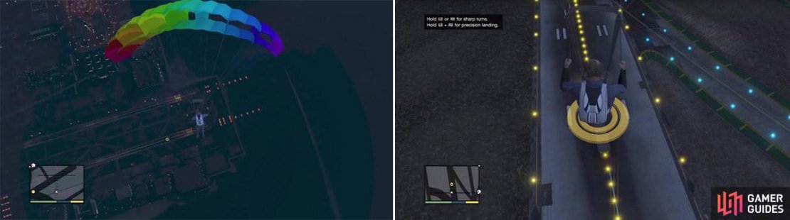 Circling above the truck is an option if you don&rsquo;t fancy risking a botched landing (left). Match the truck&rsquo;s speed by alternating between precision mode and normal mode. Pull back on the control stick to elevate you a little longer as well (right).