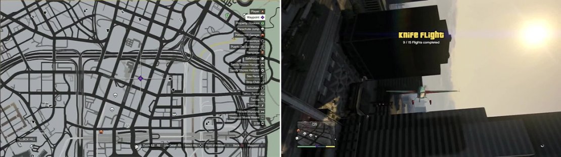 Pass through the IAA buildings and keep going on the same trajectory, past the Maze Bank and Union Depository and between the Multi-story garages for this knife. Stay on the same trajectory for the next knife flight.