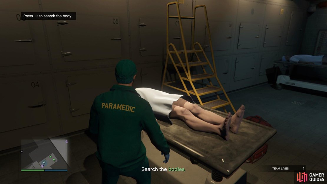 Enter the Coroners building and inspect the three bodies