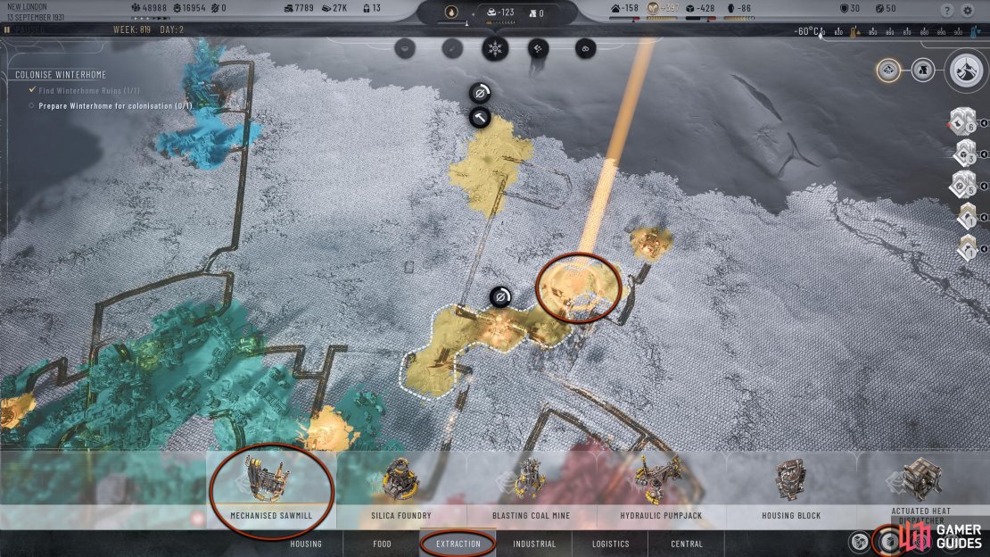 Find a material node and place an Extraction District over it. Once it’s built, select Buildings and place the Sawmill.