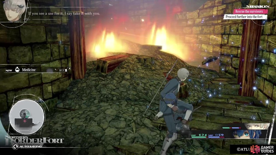 Go all the way up the stairs in the tower to find an item.