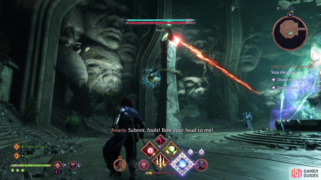Destroy the crystals behind the statues to stop Anaris&rsquo;s barrier.