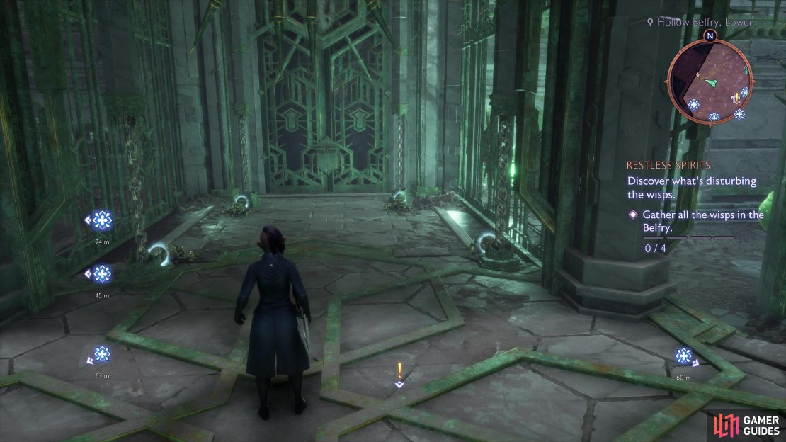 Find a gate with four receptacles near it - gather wisps and lure them to the receptacles to open the door.
