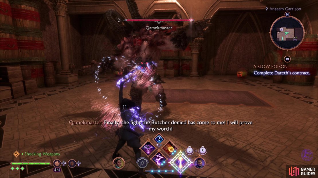 Parrying the Qamekmaster&rsquo;s attacks will drop him for a generous length of time.