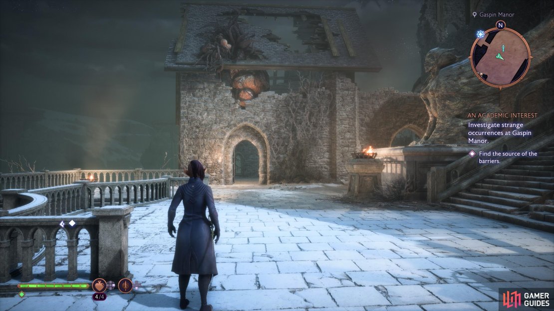 Once all three braziers are lit, the door to a building near the manor will open.