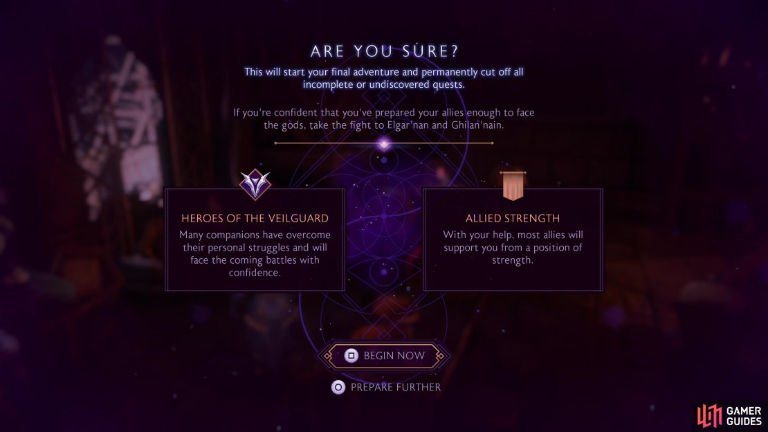 Complete every main quest - and a whole bunch of chatter masquerading as quests - to reach the point of no return.