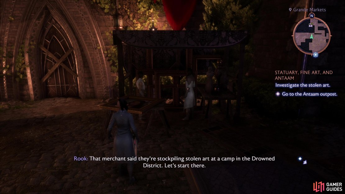 Overhear some merchants to find out where the Antaam are hiding stolen art,