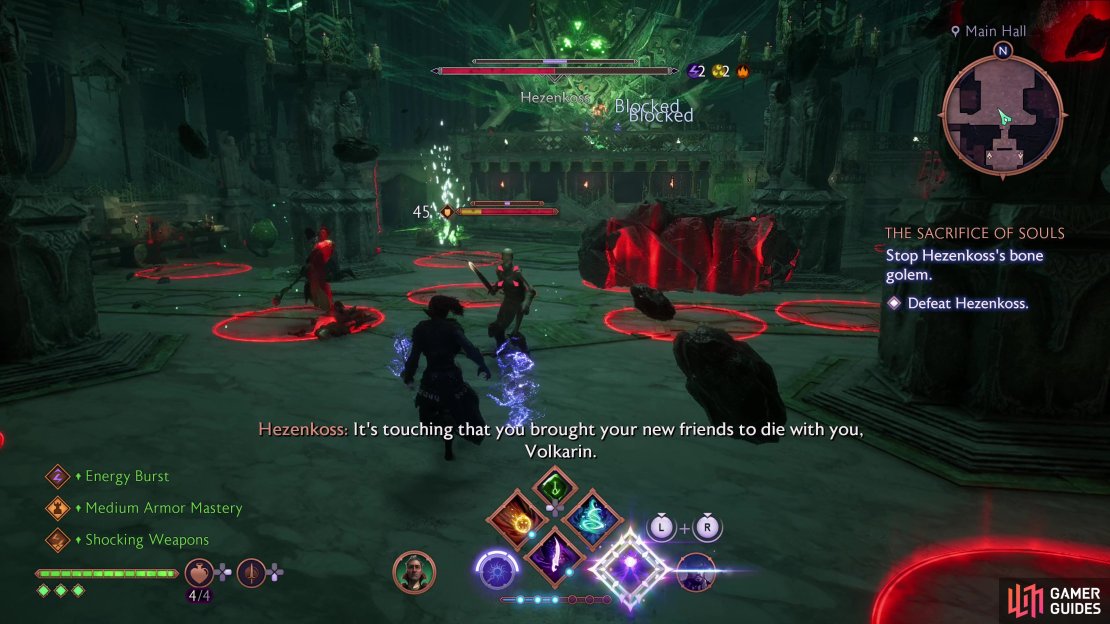 Every time Hezenkoss loses 25% or so of her health she&rsquo;ll flee to her construct, summoning minions and causing boulders to rain down on the battlefield.