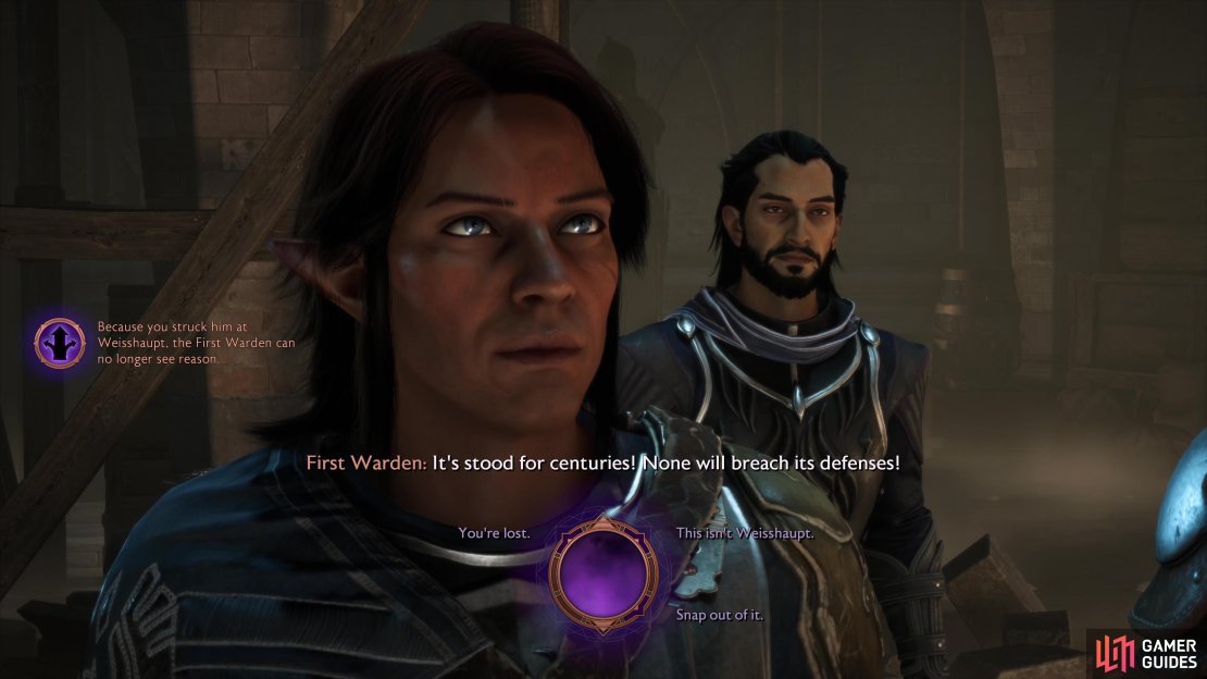 Your meeting with the First Warden will change based on the decision you made during the Siege of Weisshaupt.
