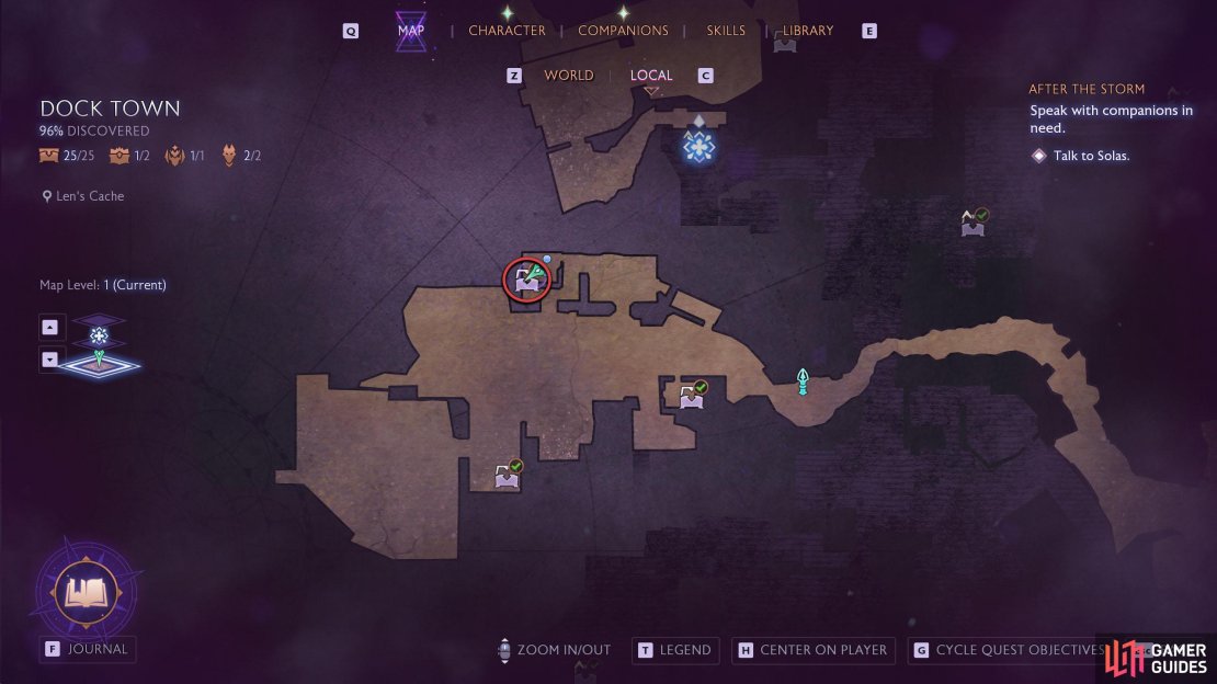 Len&rsquo;s Cache is in the Thread Market, accessed during The Cobbled Swan Case quest.